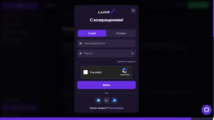 Форма входа в аккаунт LunaX — вид с телефона